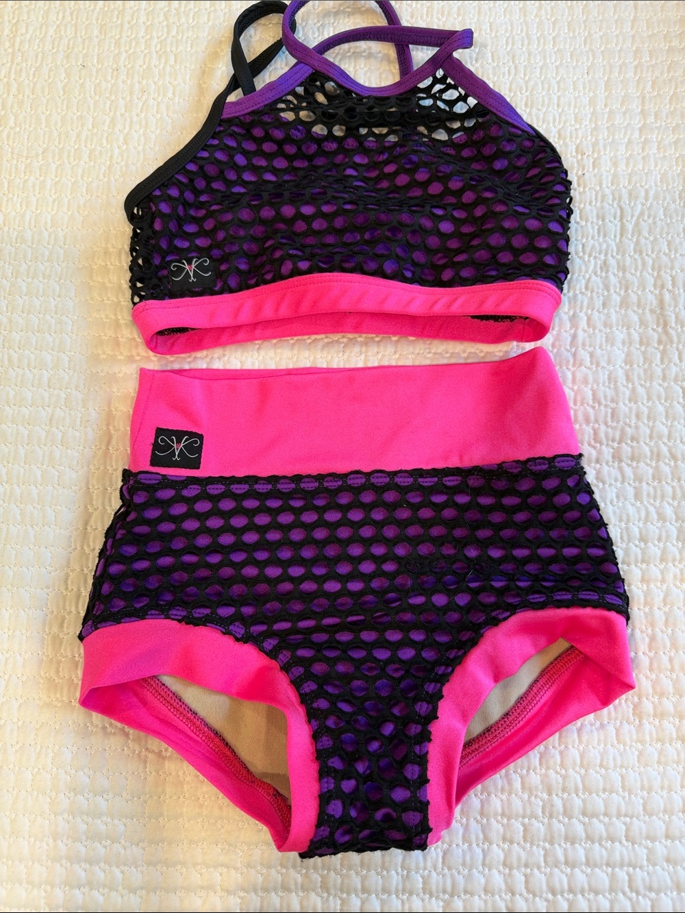 Hot Pink and Purple Layered Mesh Dance Top with Logo Patch